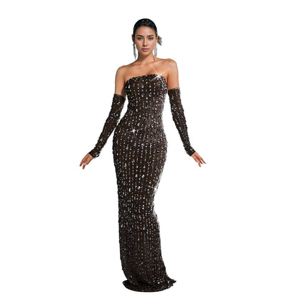 Women Wear Drilling One Line Long Maxi Dress by Ragazza