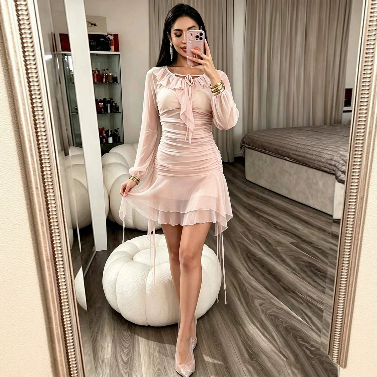 Woman Hip Women Autumn Winter Square Collar Bell Sleeve Small Mesh Seethrough  DestGlow