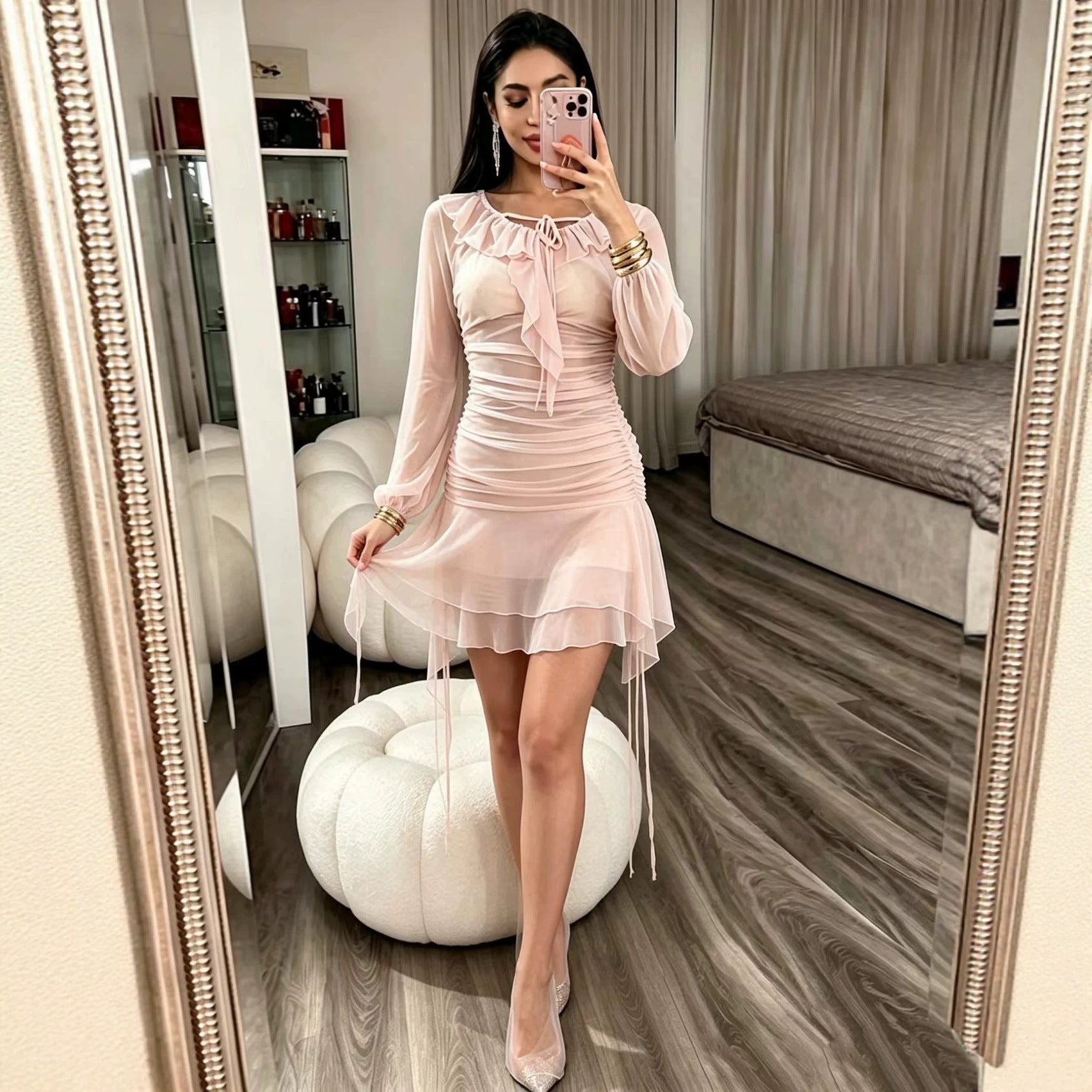 Woman Hip Women Autumn Winter Square Collar Bell Sleeve Small Mesh Seethrough  DestGlow