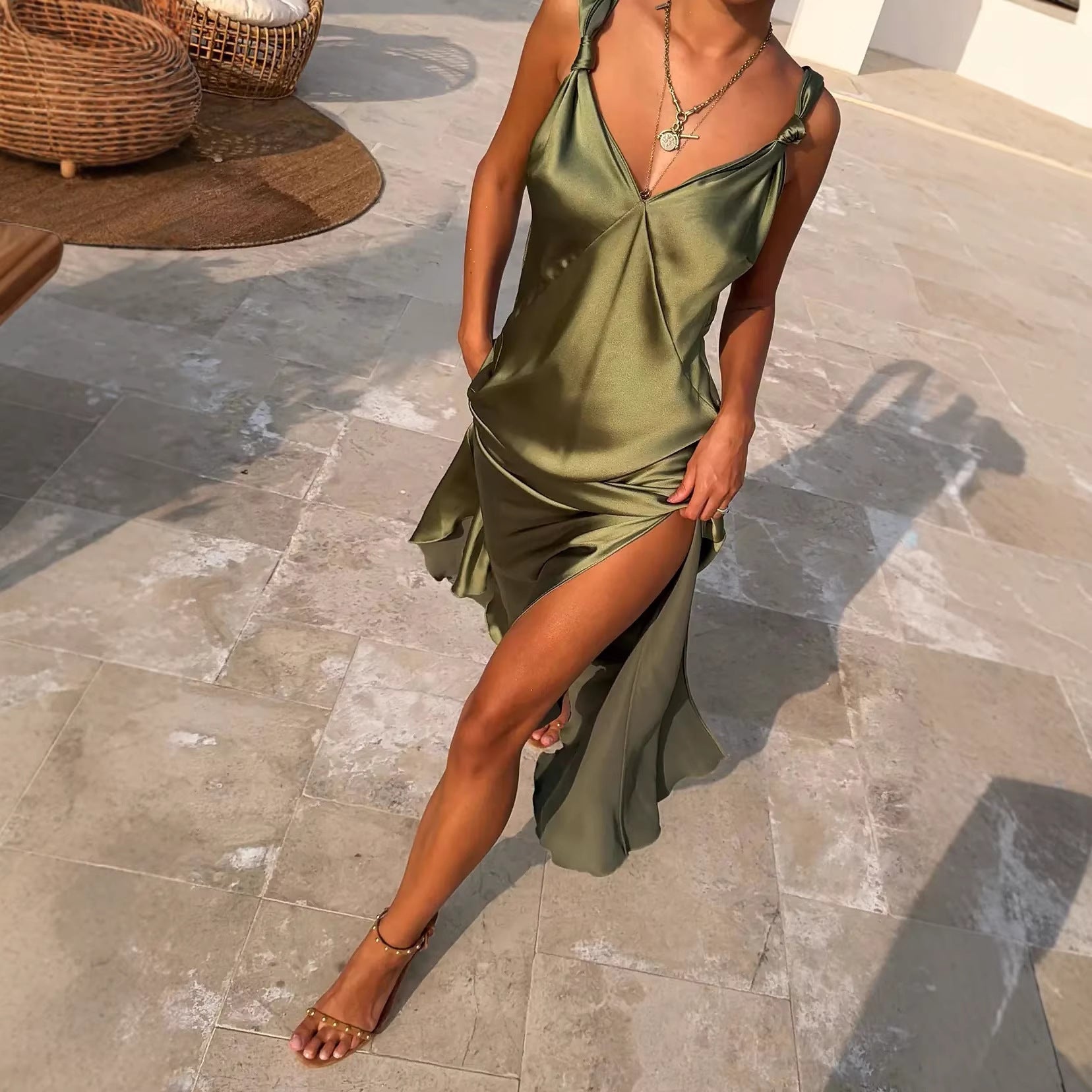 Spring Summer Satin Sleeveless Split Dress Casual Vacation Women Dress  DestGlow