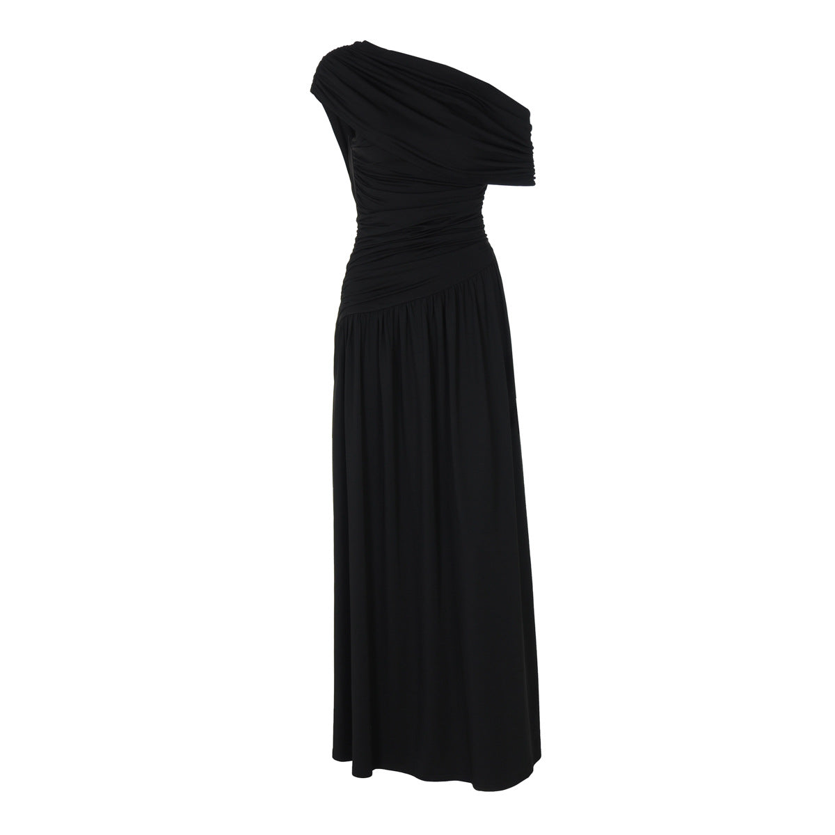 Women Clothing Spring Arrival Fashionable Sexy Diagonal Collar Pleated Asymmetrical Solid Color Dress  DestGlow