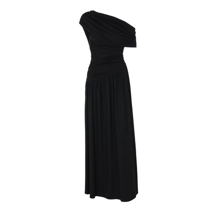 Women Clothing Spring Arrival Fashionable Sexy Diagonal Collar Pleated Asymmetrical Solid Color Dress  DestGlow