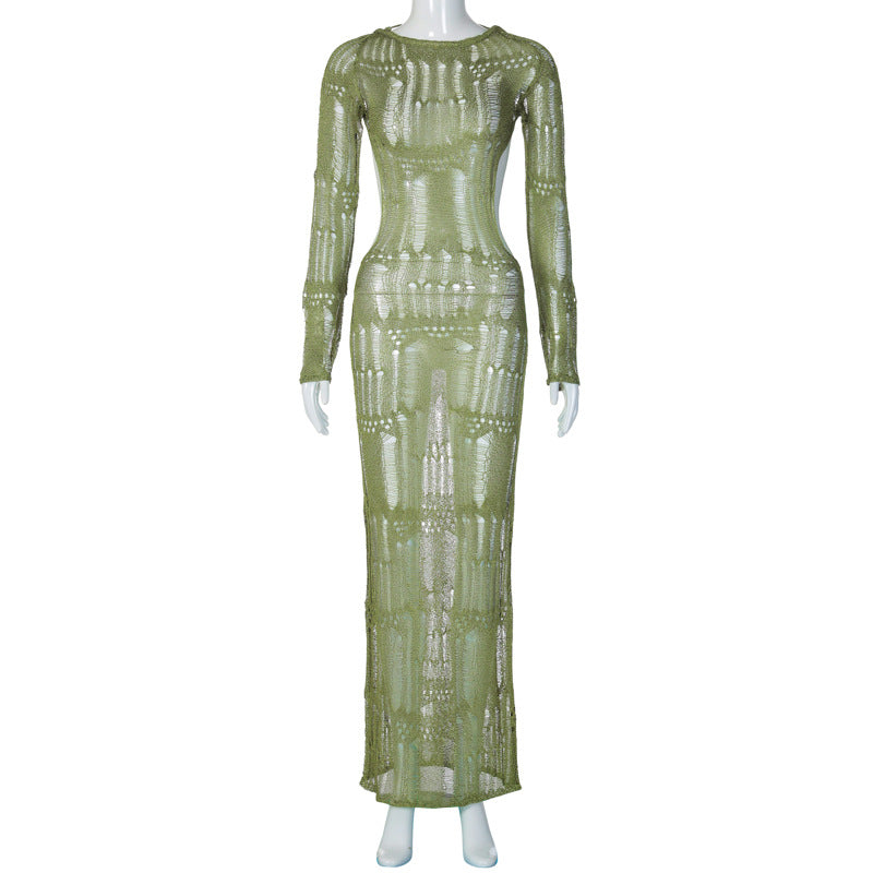 Fall Best Seller in Sexy Backless Hollow Out Cutout out See through Long Sleeve Slim Long Woolen Dress for Women by Ragazza