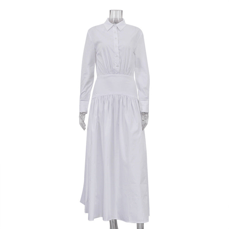 Women Clothing Spring Summer White Office Pleated A line Dress Collared Long Sleeve Shirt Dress Women by Ragazza