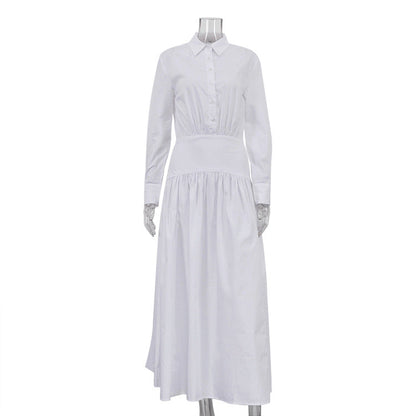 Women Clothing Spring Summer White Office Pleated A line Dress Collared Long Sleeve Shirt Dress Women by Ragazza