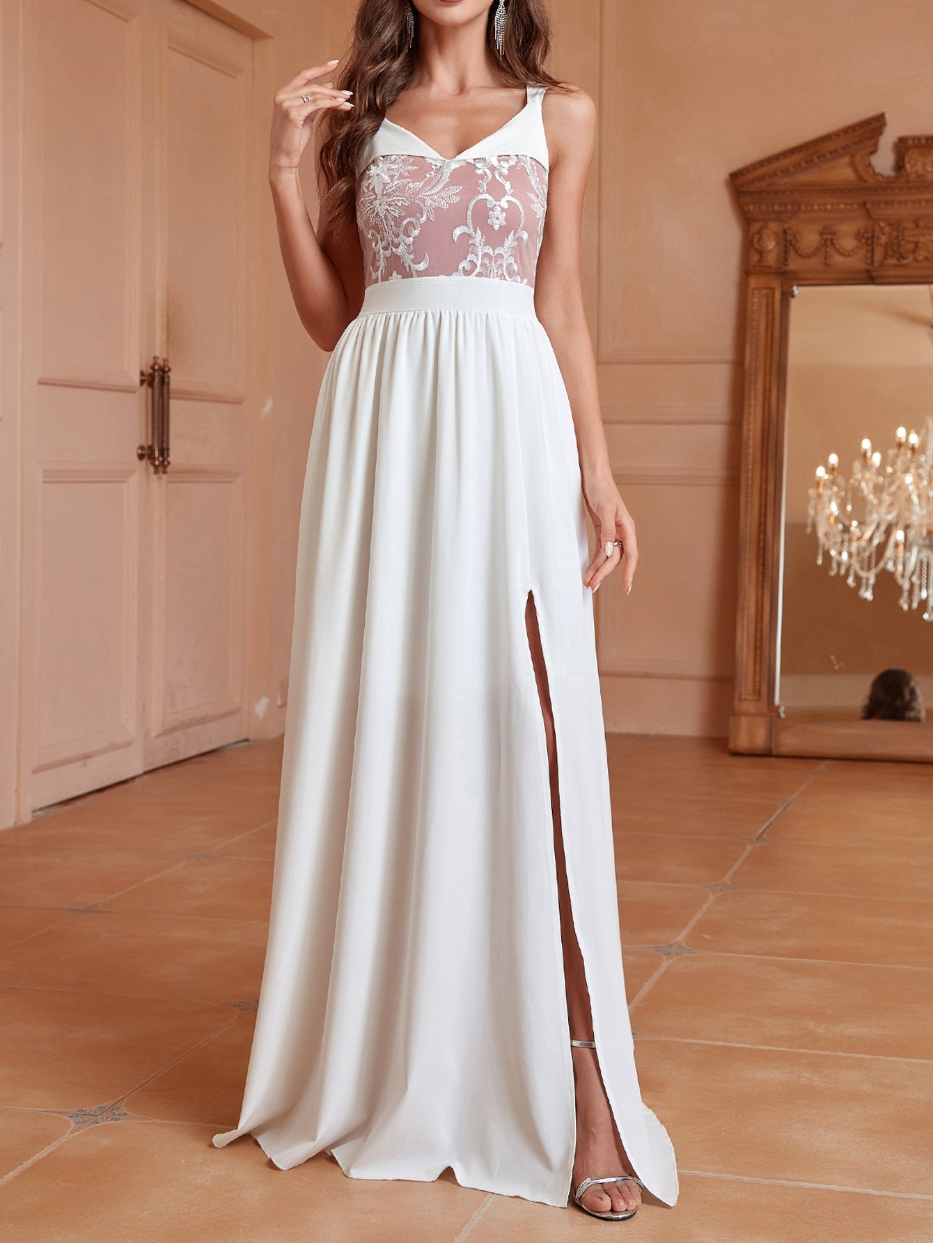 V neck Brace Elegant Slim Long Slit Backless Women Long Prom Dress by Ragazza