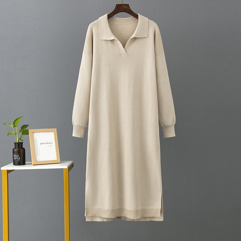 Autumn Winter Polo Collar Base Knitting Loose Solid Color Women Dress by Ragazza