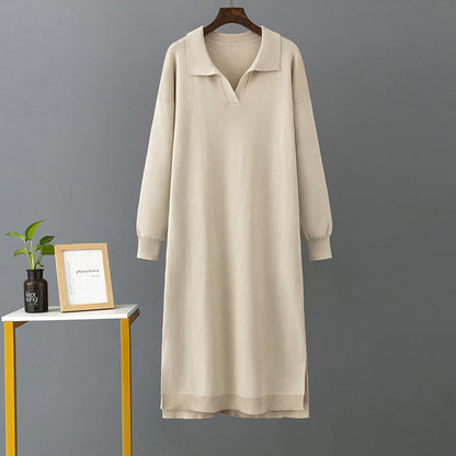 Autumn Winter Polo Collar Base Knitting Loose Solid Color Women Dress by Ragazza
