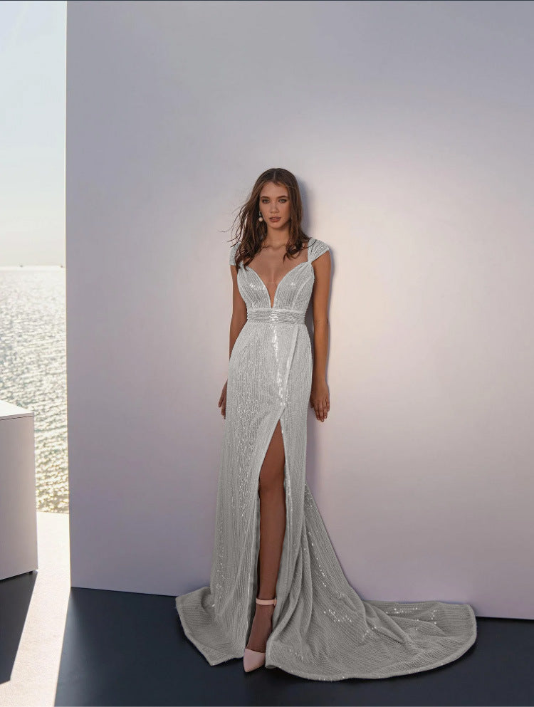 Summer Women Clothing V Neck Slim Hip Wrapped Dress Sequined Split Dress by Ragazza