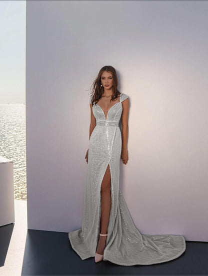 Summer Women Clothing V Neck Slim Hip Wrapped Dress Sequined Split Dress by Ragazza