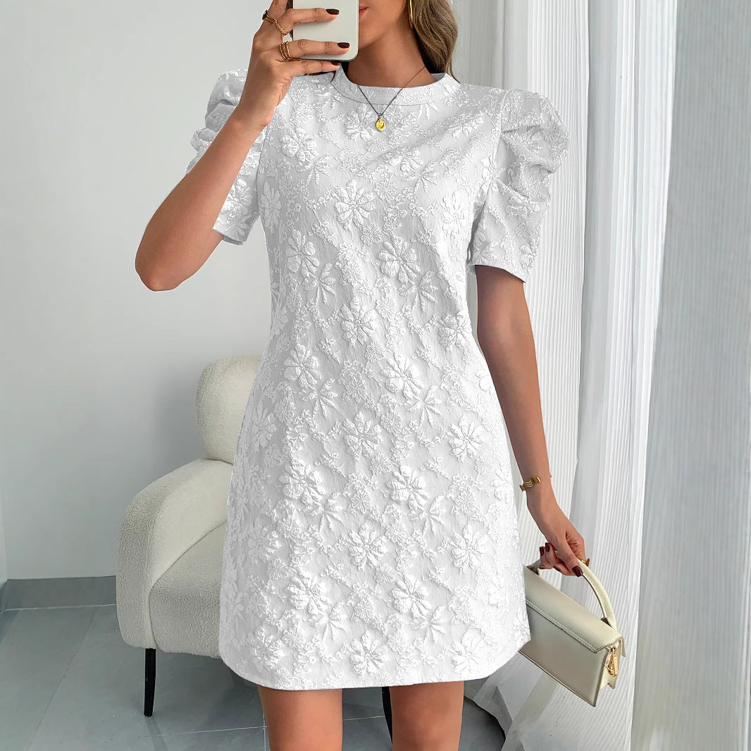 Summer Women Bubble Sleeve Texture Jacquard round Neck Retro Dress by Ragazza
