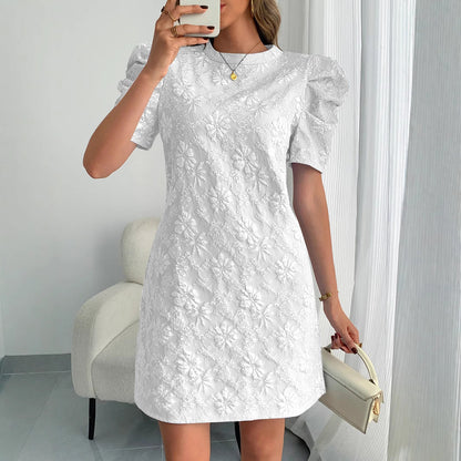 Summer Women Bubble Sleeve Texture Jacquard round Neck Retro Dress by Ragazza