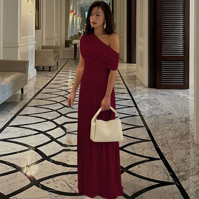 Women Clothing Spring Arrival Fashionable Sexy Diagonal Collar Pleated Asymmetrical Solid Color Dress  DestGlow