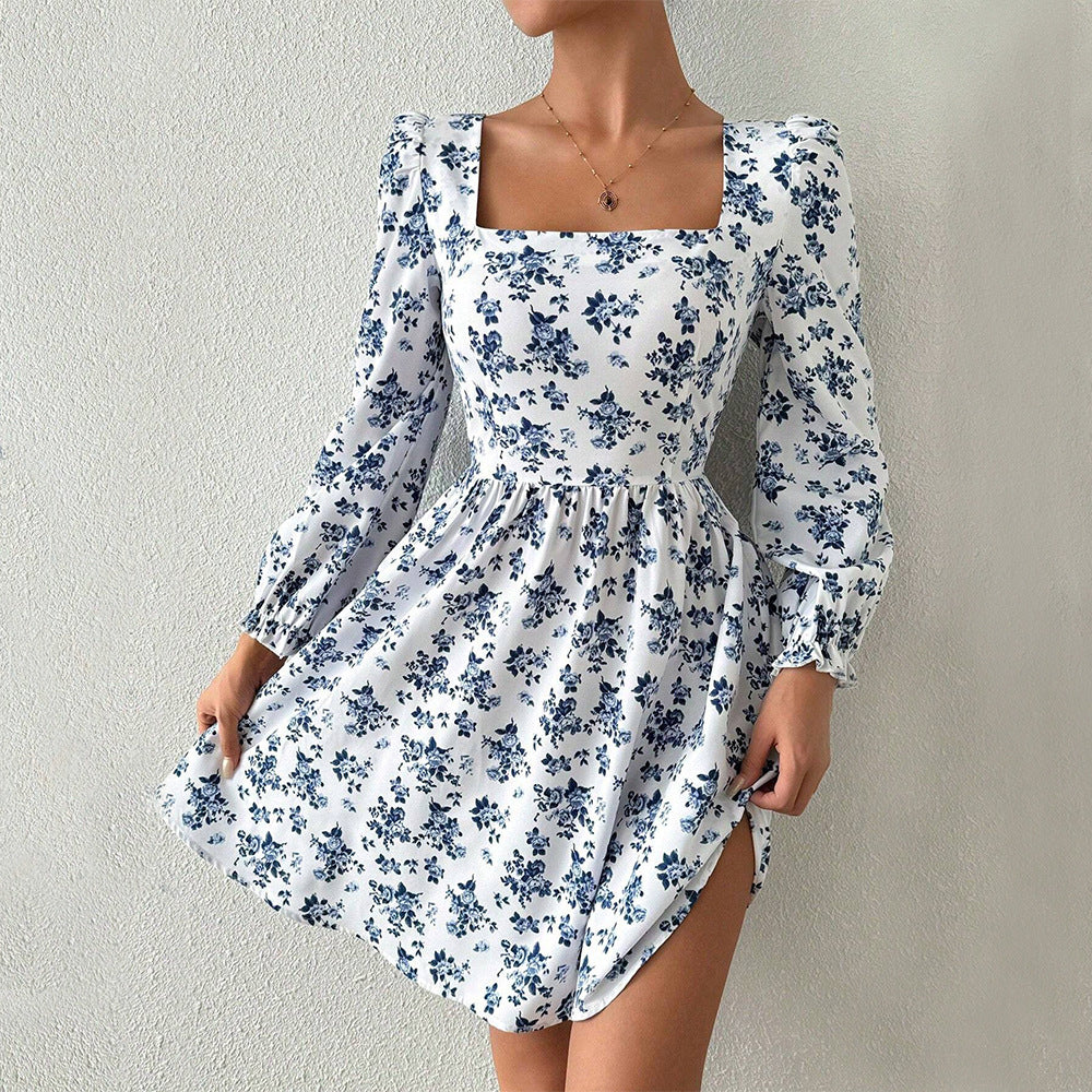 Women Clothing French Square Collar Elegant Dress Autumn Winter High Waist Backless Lace up Floral by Ragazza