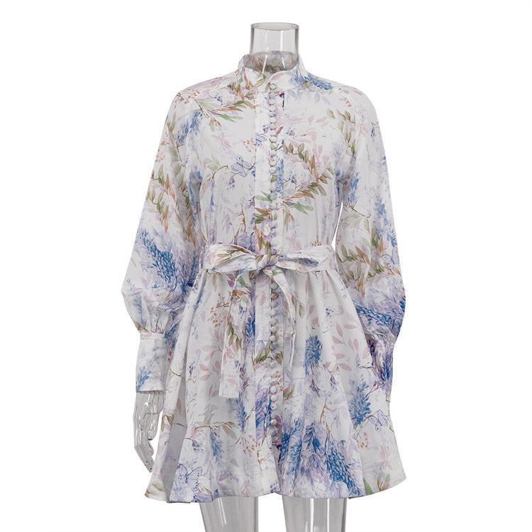 Retro French Printed Dress Women Clothing Spring Autumn Stand up Collar Puff Sleeve Lace up Floral by Ragazza