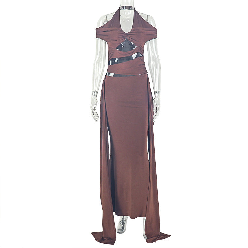 Solid Color Personalized Design Women Hollow Out Cutout Party Hip Dress Slim Fit Lace up Halter Maxi Dress  DestGlow