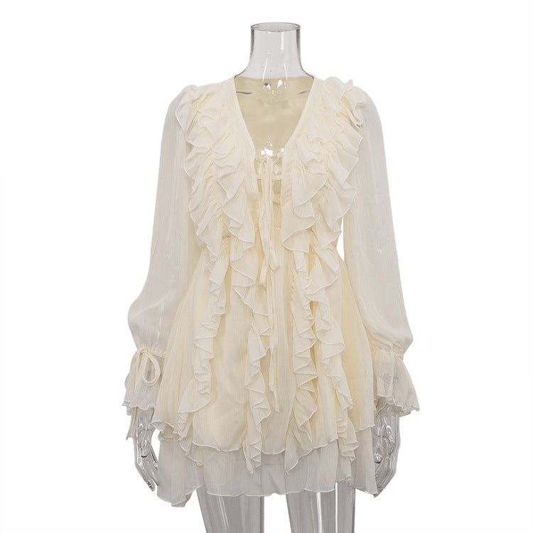 Fall French Design Ruffled Tied Dress Women V Neck Long Sleeve A Line Dress by Ragazza