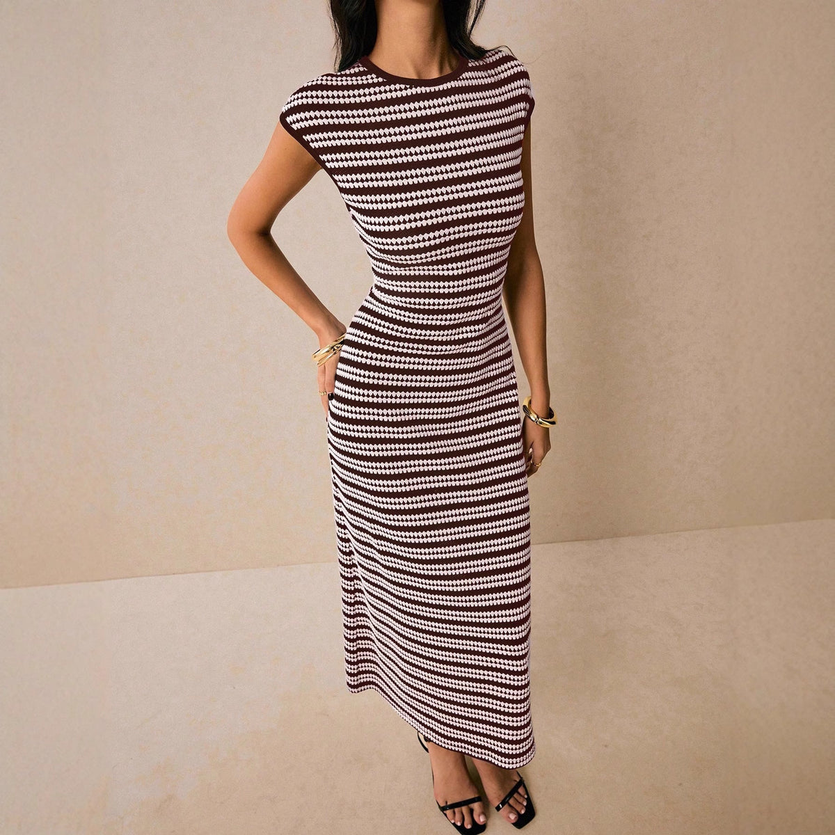 Casual Multicolor Striped Waist round Neck Short Sleeve Long Pattern Women Dress  DestGlow