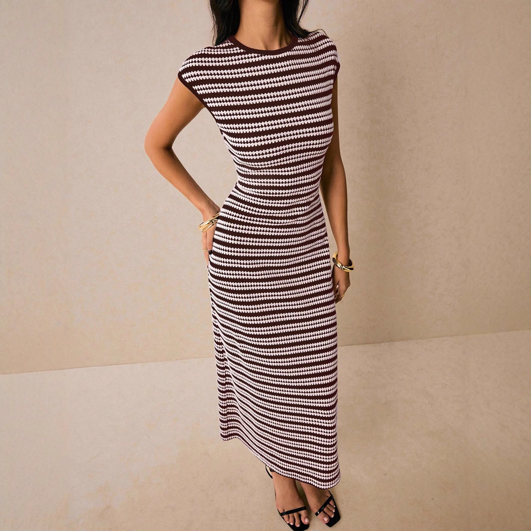 Casual Multicolor Striped Waist round Neck Short Sleeve Long Pattern Women Dress  DestGlow