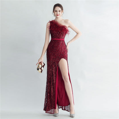 Heavy Industry Ostrich Hair Craft Bundle Hair Oblique Shoulder Side Slit High End Evening Dress by Ragazza