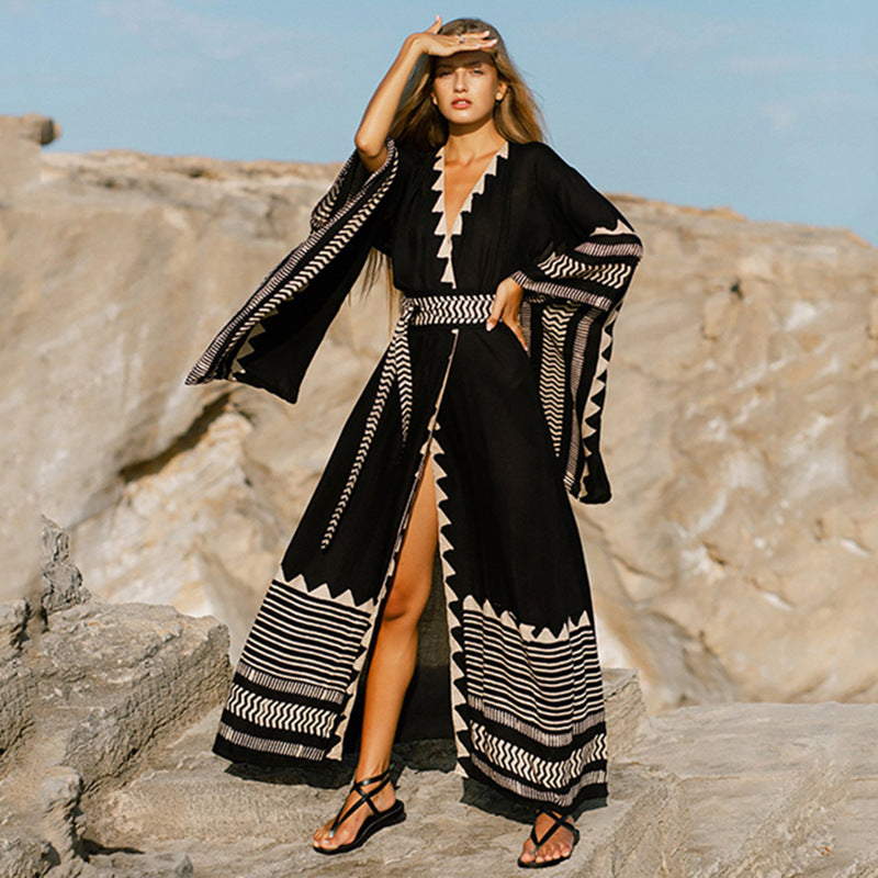 Cotton Printed Cardigan Seaside Vacation Sun Protection Shirt Beach Bikini Cover Swimsuit Outwear Women by Ragazza