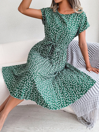 Spring Summer New Casual Short Sleeve Floral Large Hem Pleated Women Clothing by Ragazza