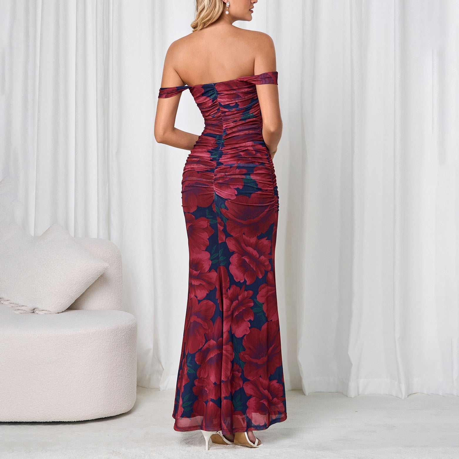 Mesh Camisole Dress Backless High Slit off Neck Slim Fit Ruffle Hip Dress  DestGlow