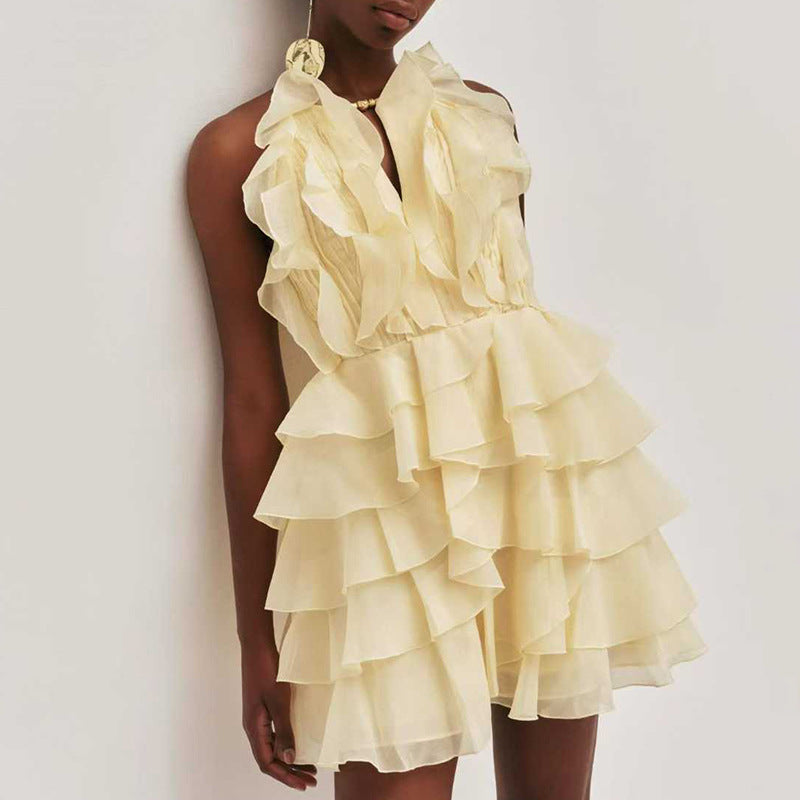 Fashionable Casual Elegant Short Dress Elegant Halter Sleeveless Three Dimensional Wooden Ear Solid Color Dress Women  DestGlow