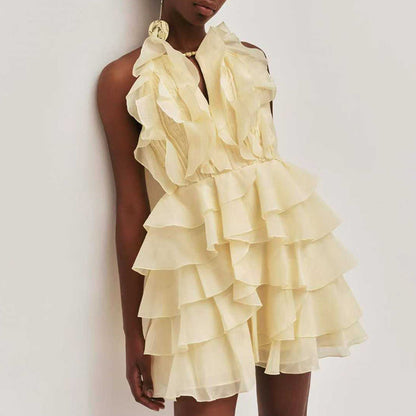 Fashionable Casual Elegant Short Dress Elegant Halter Sleeveless Three Dimensional Wooden Ear Solid Color Dress Women  DestGlow