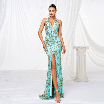 Women Clothing High End V neck Halter Slim Fit Sheath Sequined Cocktail Split Evening Dress by Ragazza