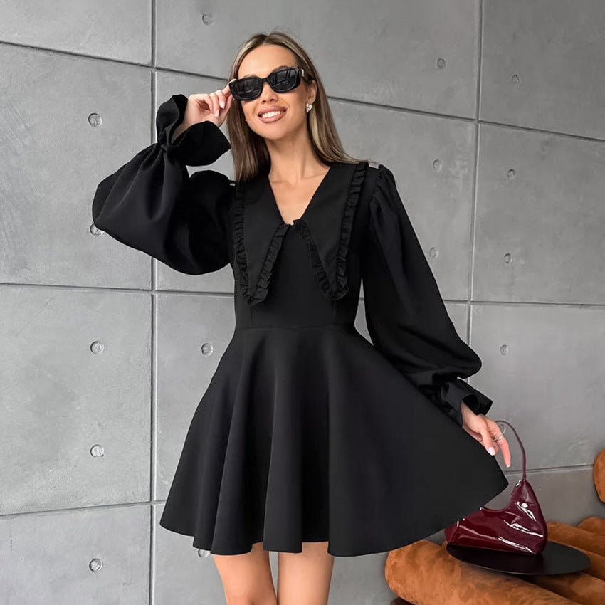 Autumn Winter Black Sexy Design Collared Bell Sleeve French Long Sleeve Dress All Matching Slim Fit Women by Ragazza