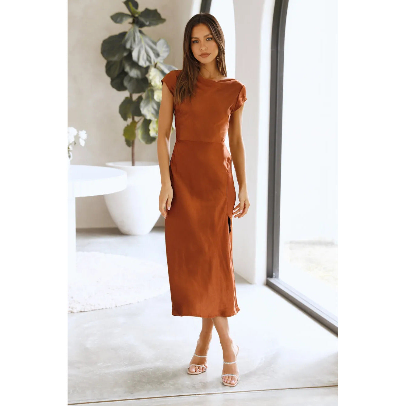 Summer Women Solid Color Swing Collar Back Twist Hollow Out Cutout Short Sleeve Mid Length Dress by Ragazza