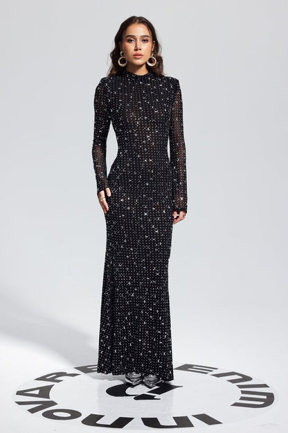 Arrival Black Dress Sexy Strap Rhinestone Tight Long Sleeve Dress by Ragazza