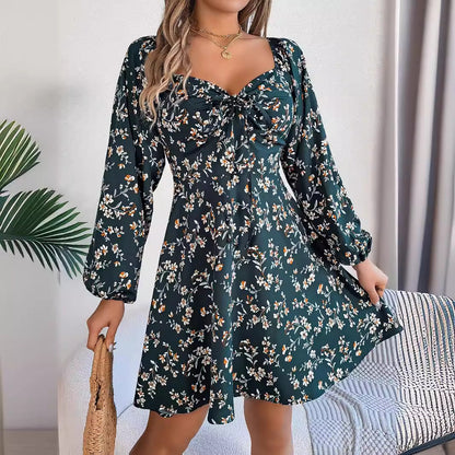 Autumn Winter Casual Sexy Lacing Square Collar Floral Long Sleeve A line Women Clothing by Ragazza
