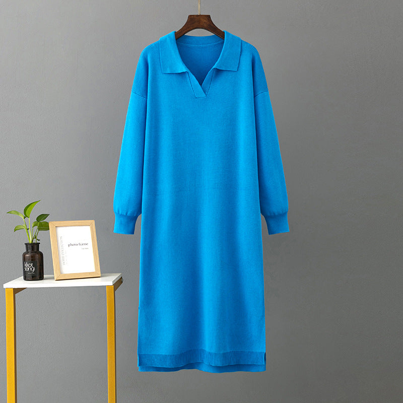 Autumn Winter Polo Collar Base Knitting Loose Solid Color Women Dress by Ragazza