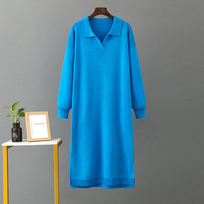 Autumn Winter Polo Collar Base Knitting Loose Solid Color Women Dress by Ragazza