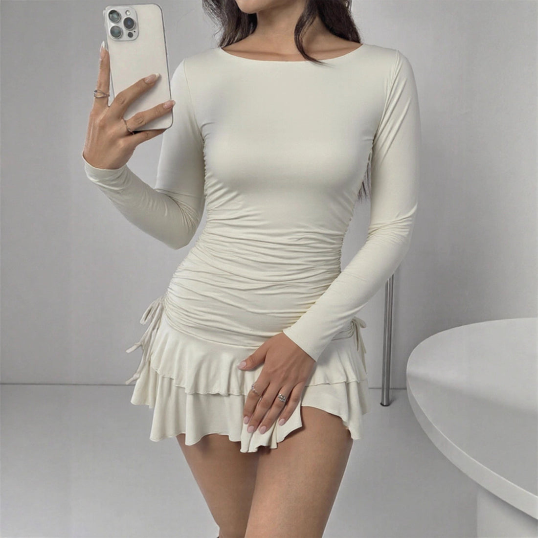 Sexy Slim Long Sleeve Tiered Dress Drawstring Graceful Fashionable Women Short Dress by Ragazza