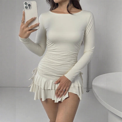 Sexy Slim Long Sleeve Tiered Dress Drawstring Graceful Fashionable Women Short Dress by Ragazza