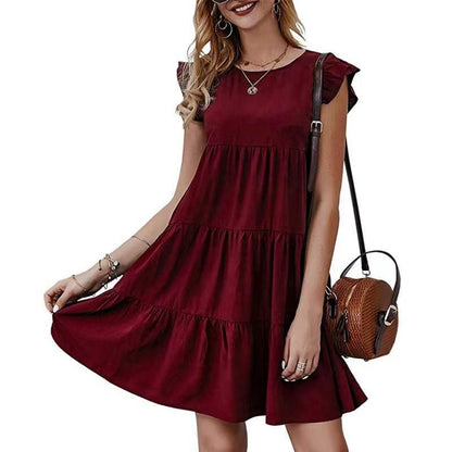 Summer Solid Color round Neck Short Sleeves Dress Casual Tiered Dress Pleated Large Swing Dress by Ragazza