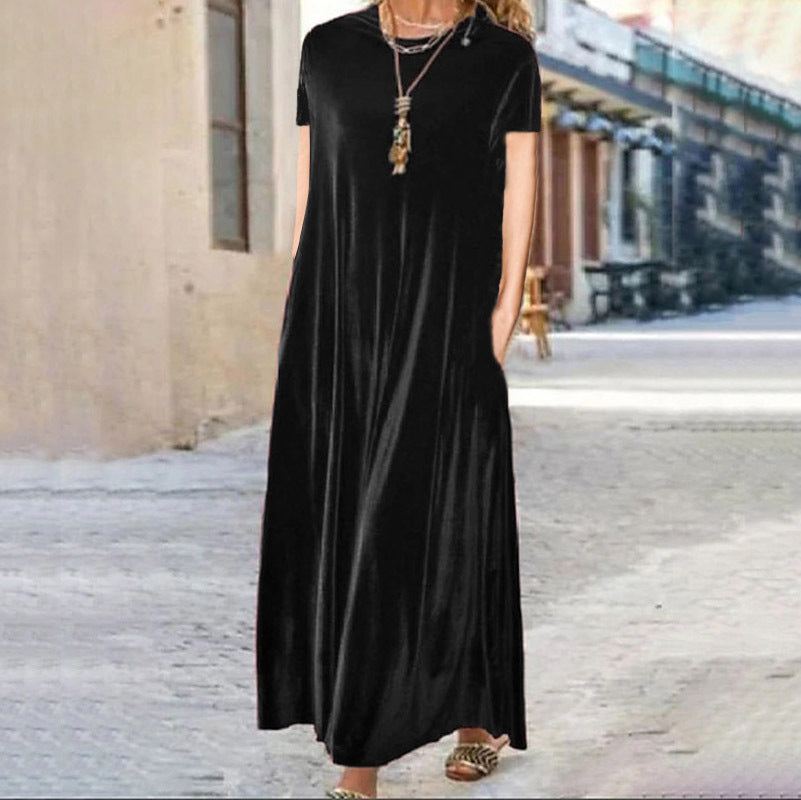 Spring Gold Velvet Slimming Crew Neck Maxi Dress by Ragazza