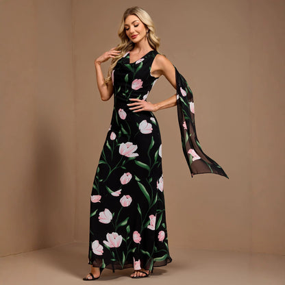 Women Summer Printed Sleeveless Large V Back U Neck A line Flared Sundress Ribbon Evening Dress  DestGlow