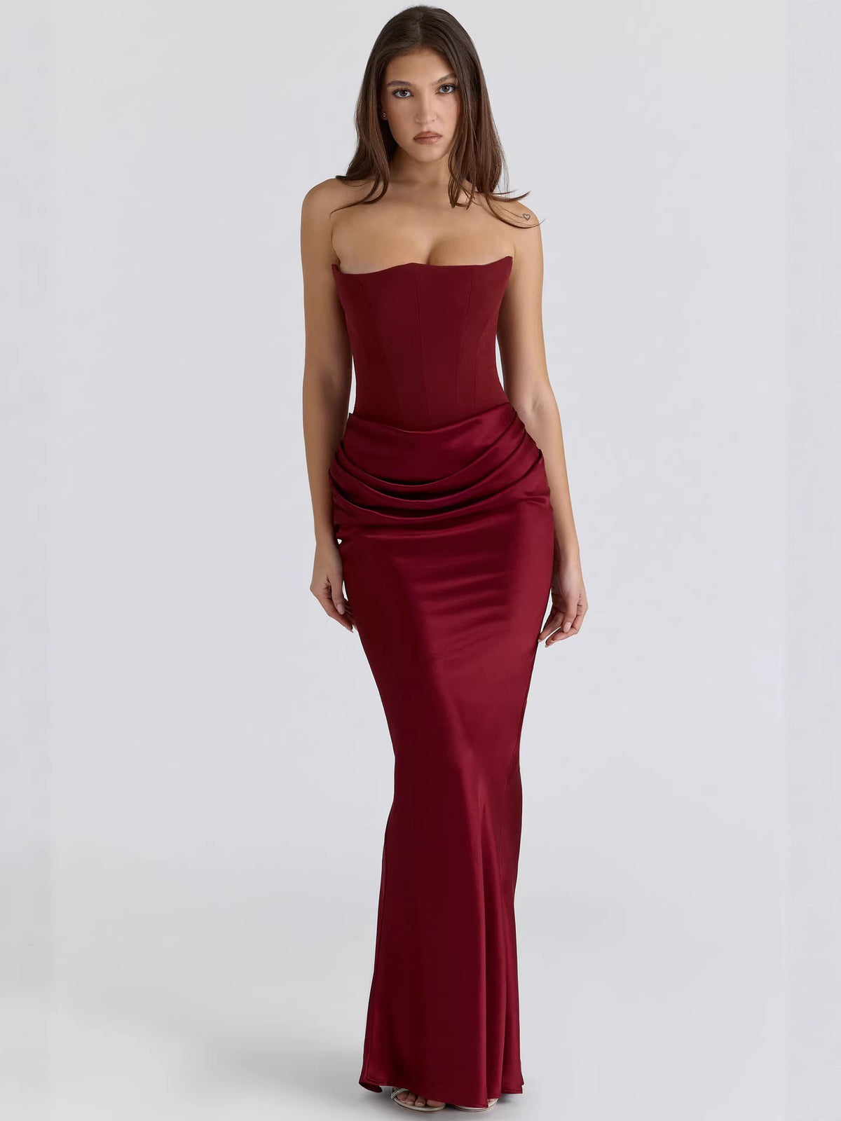 Dress Elegant Sexy Waist Trimming Tube Top Boning Corset Pleated Satin Sheath Dress  DestGlow