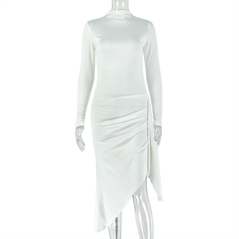 Solid Color Elegant Women Pleated Trendy Hip Dress Tight Waist round Neck Long Sleeve Asymmetric Dress by Ragazza
