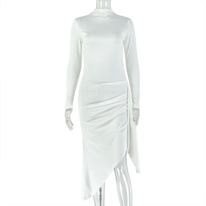 Solid Color Elegant Women Pleated Trendy Hip Dress Tight Waist round Neck Long Sleeve Asymmetric Dress by Ragazza