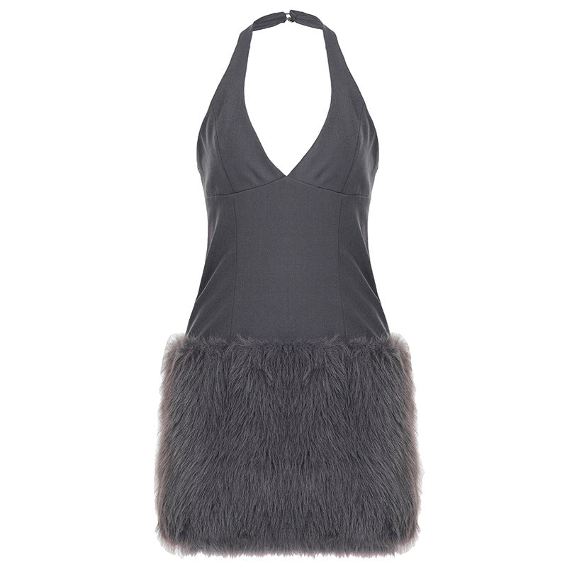 Sexy Halter V neck Furry Dress Tight Sexy Waist Plush Hip Dress by Ragazza