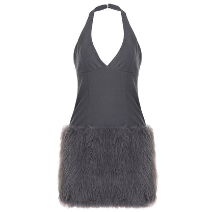Sexy Halter V neck Furry Dress Tight Sexy Waist Plush Hip Dress by Ragazza