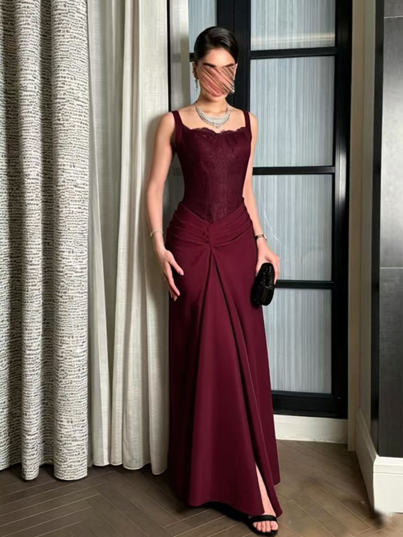 Burgundy Lace Slim Fit Patchwork Evening Maxi Dress Dress Cocktail  DestGlow
