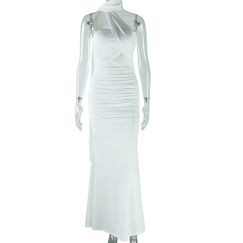 Women Clothing Solid Color Halter Dress Sexy Backless Ribbon Split Maxi Dress by Ragazza