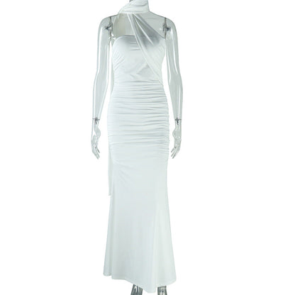 Women Clothing Solid Color Halter Dress Sexy Backless Ribbon Split Maxi Dress by Ragazza