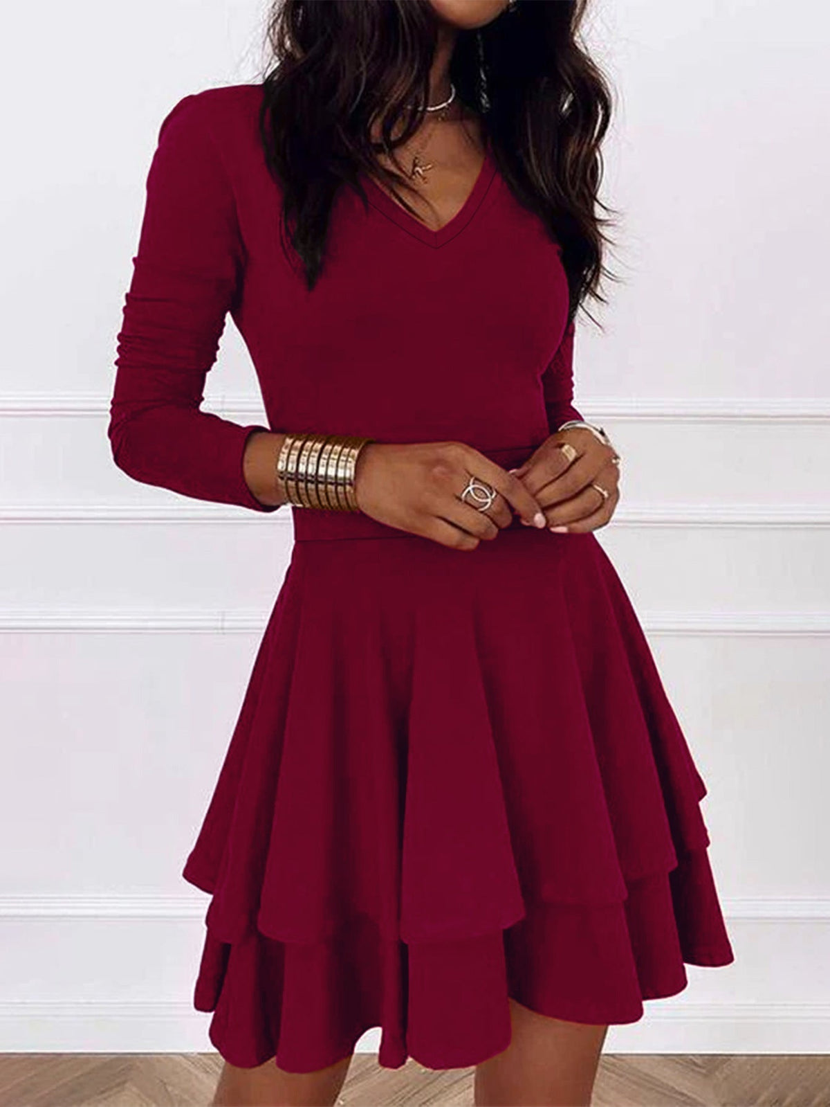 Women Clothing Casual Long Sleeve V neck Dress  DestGlow
